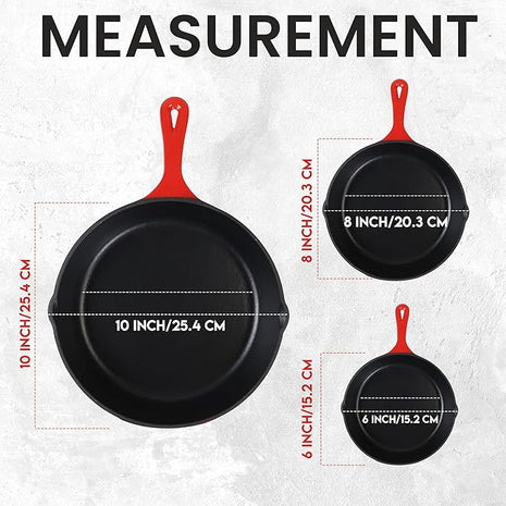 Utopia Kitchen Cast iron Skillets 3 Piece Set,Chefs Pan, Pre Seasoned Cast iron Skillets, 6, 8 & 10 Inches, Easy Use in the Oven, Stove, Grill, or Campfire, Red