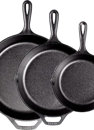 Lodge Pre-Seasoned Cast Iron Skillet Set - Set Includes 8 Inch Skillet, 10.25 Inch Skillet, and 12 inch Skillet - 3 Piece