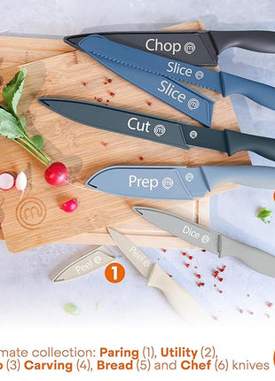 MasterChef Kitchen Knife Set with Covers, 6 Professional Chef Knives for Home Kitchens, Extra Sharp Cutting Stainless Steel Blades & Protective Sheaths, Soft-Touch Easy-Grip Handles, Nordic Blues