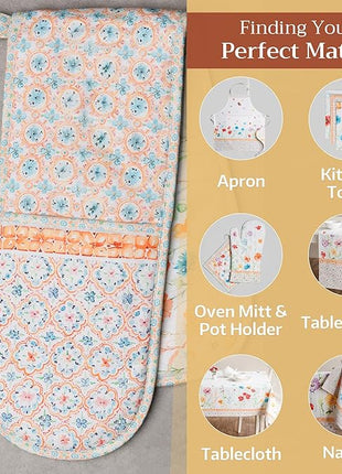 Maison d' Hermine Double Oven Mitts 100% Cotton 7"x35" Double Oven Mitt Heat Resistant BBQ Cooking Gloves with Loop, Baking, Grilling, Home, Kitchen, Handling Hot Pans Spring Summer (Summer Whisper)