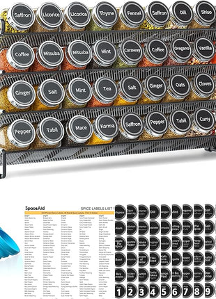 SpaceAid Spice Rack Organizer with 36 Spice Jars, 386 Spice Labels, Chalk Marker and Funnel Set for Cabinet, Countertop, Pantry, Cupboard or Door & Wall Mount - 36 Jars, 17.2" W × 10.8" H, Black