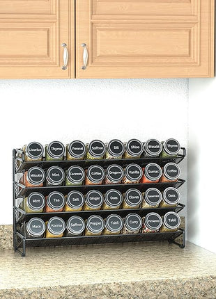 SpaceAid Spice Rack Organizer with 32 Spice Jars, 386 Spice Labels, Chalk Marker and Funnel Set for Cabinet, Countertop, Pantry, Cupboard or Door & Wall Mount - 32 Jars, 15.3" W × 10.8" H, Black