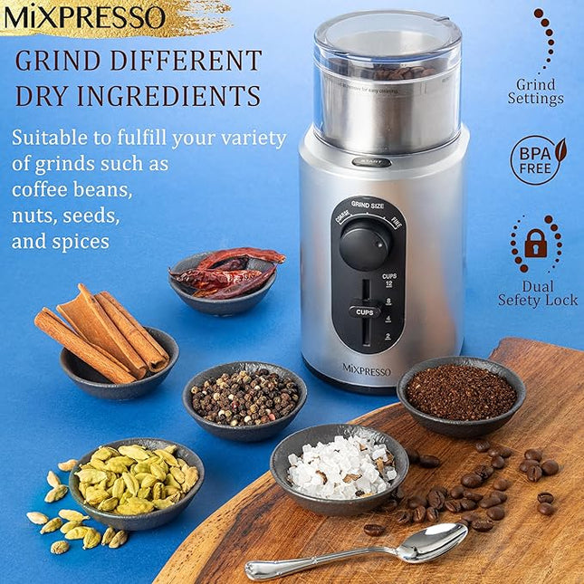 Mixpresso Electric Coffee Grinder 12 Cup Capacity, 304 Stainless Steel Blade, Espresso Bean Grinder, Removable Chamber, Coffee Grinder Electric with 5 Presets For Spices & More