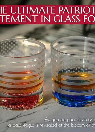 Greenline Goods American Flag Decor USA Glasses - With Patriotic Eagle - (Set of 2) 10 Oz Tumbler Set - America Themed Whiskey Set - Colored 3D Eagle Heavy Glass Base