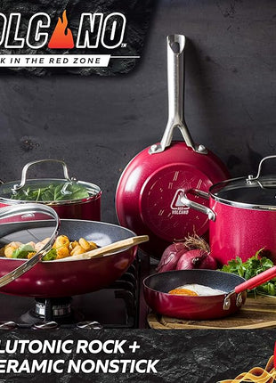 Textured Ceramic Nonstick, 10 Piece Cookware Pots and Pans Set with Stainless Steel Handles, PFAS PFOA & PTFE Free, Dishwasher Safe, Oven & Broiler Safe to 600 Degrees, Red