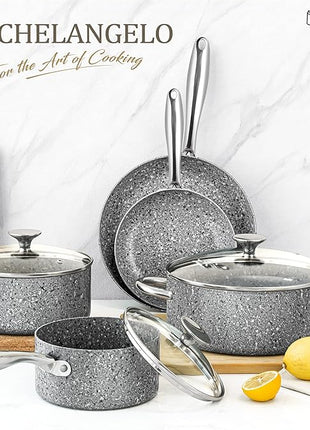 MICHELANGELO Pots and Pans Set 10 Piece, Cookware Set with Granite Coatings for Super Nonstick Result Essential Stone Cookware Sets with Utensil Set, Induction Compatible, PFOA Free