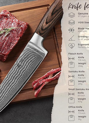 Wakoli EDIB 4-Piece Damascus Knife Set – Professional Chef Knives Set with VG10 Core Blades, 67-Layer Damascus Steel and Ergonomic Pakkawood Handles – Premium Kitchen Knives in Elegant Gift Box