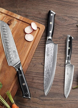 PAUDIN Damascus Knife Set 3 PCS, Japanese VG10 Steel Core, Ultra Sharp Chef Knife Set, Full Tang G10 Handle, Damascus Kitchen Knives