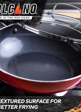 Textured Ceramic Nonstick, 11" Flat Bottom Wok Stir-Fry Pan with Lid for High Heat Cooking, Oven & Broiler Safe to 600 Degrees, Dishwasher Safe, PFAS PFOA & PTFE Free, Red