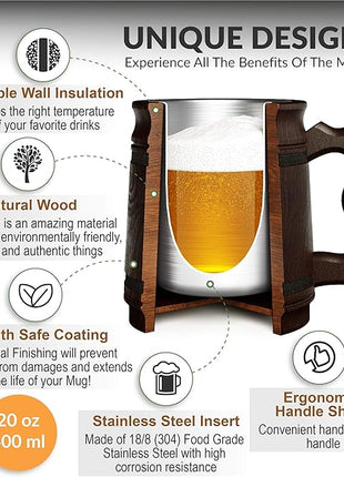 Set of 6 Beer Mug 20 OZ - Tankard Mug - Beer stein - Wooden beer mug - Stainless Steel Cup - Handmade Gifts for Men - Fathers Day, Christmas or Birthday Gift Idea - Retro Brown
