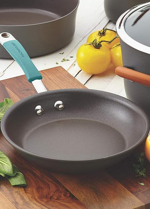 Rachael Ray 87643 Cucina Hard Anodized Nonstick Frying Pan Set / Fry Pan Set / Hard Anodized Skillet Set - 9.25 Inch and 11.5 Inch, Gray with Blue Handles