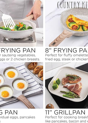 Country Kitchen Non-Stick Cast Aluminum Cookware Set - Durable Kitchen Cookware for Everyday Cooking, Cream, 13 Pc.