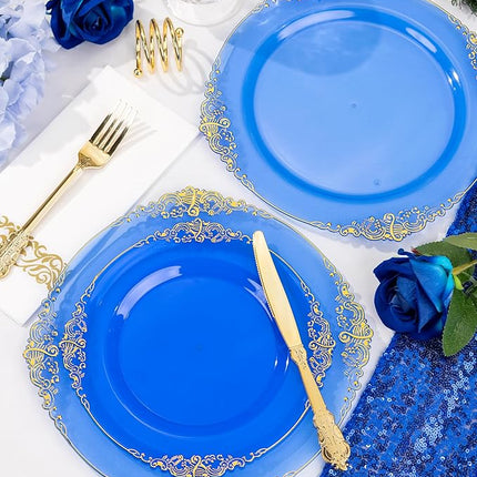 Nervure 350PCS Blue Plastic Plates - Blue Plastic Dinnerware Sets for 50 Guests - 100 Disposable Plates, 150 Gold Silverware, 50 Cups, 50 Napkins for Wedding & Party & Thanksgiving Day