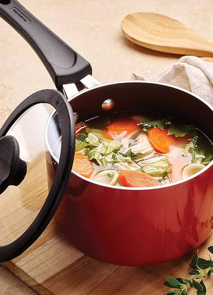 Tramontina Aluminum Non Stick 6-Piece Nesting Sauce Pan Set with Lids - Red, Kitchen Nonstick Cookware Set, Dishwasher and Oven Safe