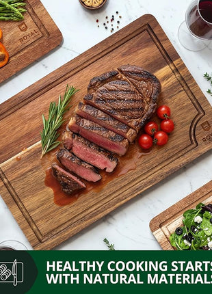 ROYAL CRAFT WOOD Acacia Wood Cutting Boards Set of 3 – Premium Wooden Cutting Boards for Kitchen Meal Prep & Serving - Charcuterie & Chopping Butcher Block for Meat with Deep Juice Groove Side Handles