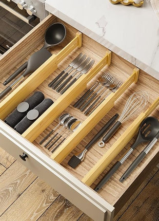 BAMEOS 4 pcs 3" High Bamboo Drawer Dividers Adjustable Drawer Organizer Expandable Drawer Organization Utensil Organizers for Kitchen Dresser Bathroom Bedroom and Office