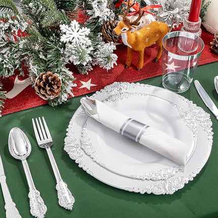 Liacere 350PCS Silver Plastic Plates&Pre Rolled Napkins for 50 Guests - Plastic Dinnerware Sets 100Silver Disposable Plates, 150Silver Silverware, 50Cups and 50Napkins for Christmas