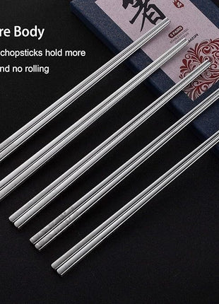 Metal Chopsticks Reusable 316 Stainless Steel Chopsticks Multipack Dishwasher Safe Chop Sticks Square Fancy Laser Engraved Non-slip Korean Chopstick for Cooking Eating 9.45 Inches 5 Pairs Gift Set