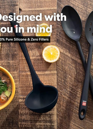 DI ORO Silicone Ladle & Spoons for Cooking – Large Kitchen Spoons for Mixing, Serving, & Stirring - Soup Ladle with Wide Bowl - High Heat Silicone Kitchen Utensils for Nonstick Cookware Safe (Black)