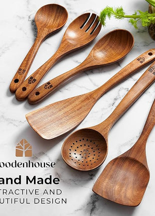 Wooden Spoons for Cooking – Wooden Kitchen Utensils Set, 6 Pcs Teak Wood Utensil Set – Comfortable Grip Non–Stick Wooden Cooking Utensils - Kitchen Gifts for Women Men, Cooking Gifts for Men Women