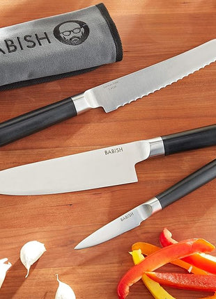 Babish German High-Carbon 1.4116 Steel Cutlery Knife Set, 3-Piece (Chef, Bread, & Pairing Knive) w/Kitchen Knives Roll
