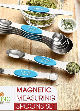 Spring Chef Stainless Steel Magnetic Measuring Spoons Set of 8 with Leveler, Nesting Teaspoon & Tablespoon Measuring Spoons for Dry and Liquid Ingredients, Kitchen Gadgets for Baking & Cooking - Teal