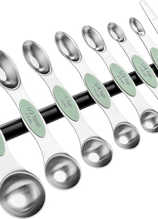 Spring Chef Stainless Steel Magnetic Measuring Spoons Set of 8 with Leveler, Dual Sided Teaspoon & Tablespoon Set, Nesting Metal Kitchen Gadgets for Baking & Cooking, Fits in Spice Jars - Pistachio