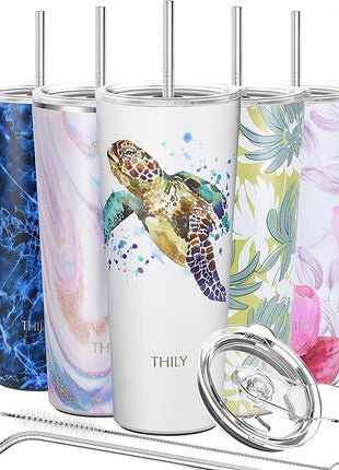 THILY Stainless Steel Vacuum Insulated Tumbler Travel Mug 26 oz Coffee Cup with 2 Lids and Straws, Splash Proof, Keep Ice Drinks Cold, Sea Turtle