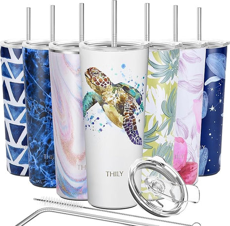 THILY Stainless Steel Vacuum Insulated Tumbler Travel Mug 26 oz Coffee Cup with 2 Lids and Straws, Splash Proof, Keep Ice Drinks Cold, Sea Turtle