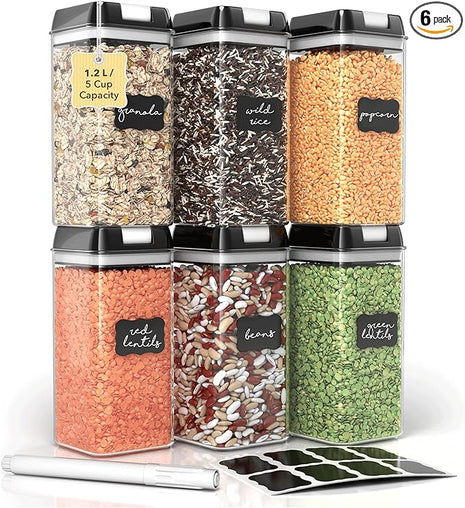 Simply Gourmet Airtight Food Storage Containers with Lids – 6 Piece Slim Kitchen Pantry Organization Set, 5 Cup Capacity, BPA-Free Clear Plastic, Stackable Containers for Flour, Sugar, Rice, Snacks
