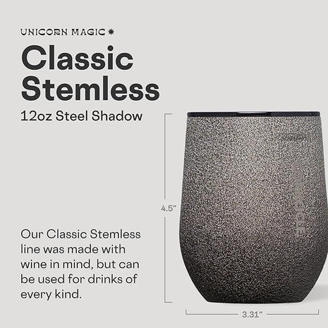 Corkcicle Stemless Wine Tumbler - Keeps Drinks Cold for 6 Hours - Triple-Insulated Stainless Steel - Non-Slip Base - Summer Drinkware Gift - Keeps Drinks Ice Cold - 12 oz - Steel Shadow