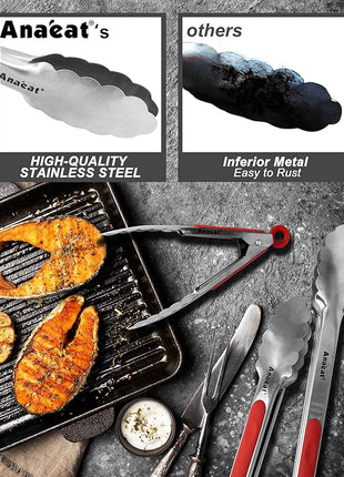Anaeat Premium Sturdy Barbecue Tongs for Kitchen Grill & BBQ - 7,9,12 Inch Non-Slip Stainless Steel Locking Tongs Heat Resistant for Grilling, Cooking, Turning and Barbecue