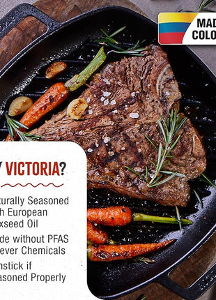 Victoria Cast Iron Square Grill Pan with Double Loop Handles, Made in Colombia, 10 Inches