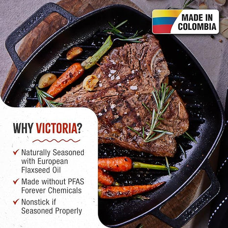 Victoria Cast Iron Square Grill Pan with Double Loop Handles, Made in Colombia, 10 Inches
