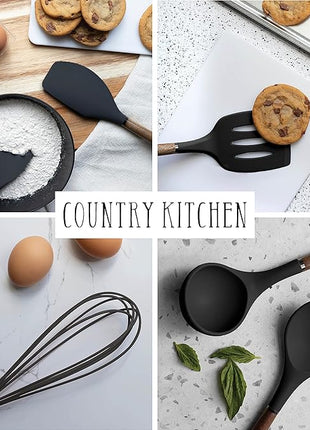 Country Kitchen Non Stick Silicone Utensil Set with Rounded Wood Handles for Cooking and Baking, 8 Piece Set, Black