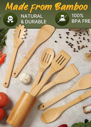 Bamboo Utensils 7 PCs with Holder – Bamboo Cooking Utensils Set + Holder for Nonstick – Wooden Spoon Sets for Cooking – Easy to Clean, Sturdy, Lightweight & Heat Resistant
