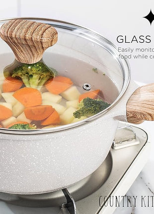 Country Kitchen Non-Stick Cast Aluminum Cookware Set - Durable Kitchen Cookware for Everyday Cooking, Speckled Cream, 8 Pc.