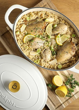 Crock Pot Artisan 7-Quart Oval Dutch Oven With Lid, Enameled Cast Iron, Linen White With Gold Knob, Heavy-Duty Cookware for Baking, Braising, Roasting & Slow Cooking