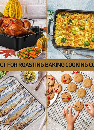 P&P CHEF 16" Roaster Roasting Pan with Baking Rack and V-shaped Rack, Stainless Steel Rectangular Lasagna Pan with Handles for Turkey Chicken, Healthy & Dishwasher Safe, 3 Pieces, Black