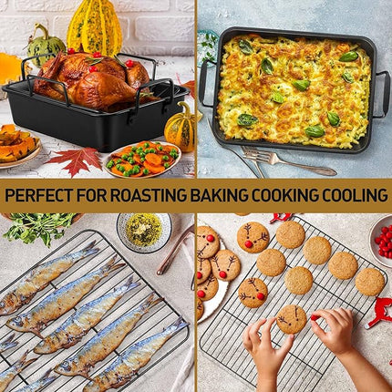P&P CHEF 16" Roaster Roasting Pan with Baking Rack and V-shaped Rack, Stainless Steel Rectangular Lasagna Pan with Handles for Turkey Chicken, Healthy & Dishwasher Safe, 3 Pieces, Black
