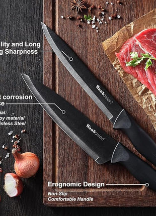 Wanbasion Black Professional Kitchen Knife Chef Set, Stainless Steel, Dishwasher Safe with Sheathes