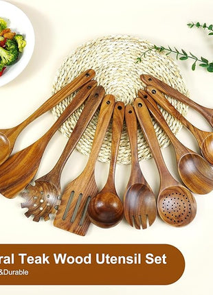 FJNATINH 10 PCS Wooden Spoons for Cooking - Teak Wooden Kitchen Utensil Set - Cooking Mixing Baking - Non-stick Healthy Kitchen Cookware Gifts for Women Housewarming Gifts