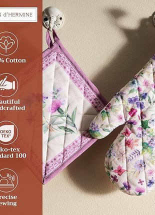 Maison d' Hermine 100% Cotton Oven Mitt & Pot Holder Set (7.5"x13" & 8"x8") Heat Resistant BBQ Cooking Gloves with Loop, Baking, Grilling, Kitchen, Handling Hot Pans Spring/Summer (Chardon)