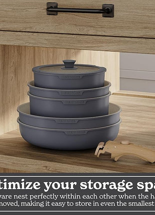 Country Kitchen Cookware Set with Removable Handle, Oven & RV Safe Pots and Pans Set, Grey/Ivory Wood Handle, Original