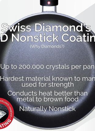 Swiss Diamond 9.5 Inch Frying Pan Nonstick Diamond Frying Pan, Aluminum Coated Skillet, Dishwasher Safe and Oven Safe Fry Pans with Stainless Steel Handle, Grey