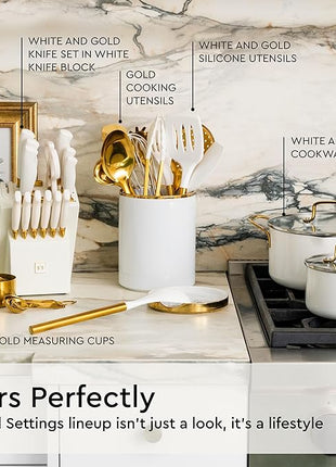 Gold Kitchen Utensils Set - 19-Piece Set Includes Stainless Steel Gold Utensils, White Silicone Tools, and Measuring Cups and Spoons - Luxury Kitchen Accessories for Modern Cooking, Serving, & Gifting