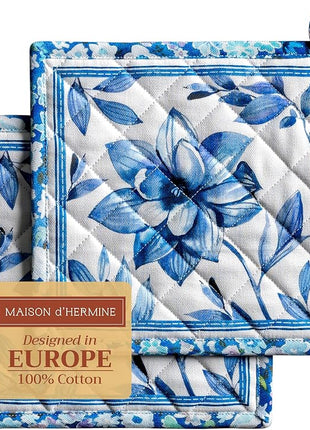 Maison d' Hermine Pot Holders Set 100% Cotton Heat Resistant Potholders 8" x 8" Hot Pads with Loop BBQ, Cooking, Baking, Grilling, Kitchen, Handling Hot Pans Spring/Summer (Pack of 2, Summer Blues)