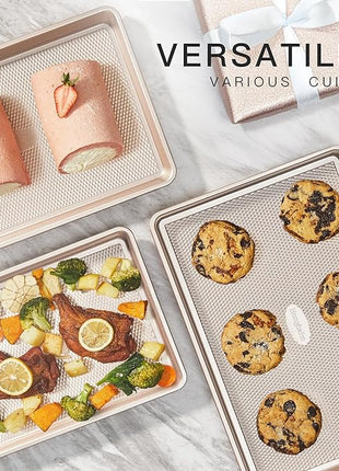 HONGBAKE Baking Sheet Pan Set of 3, Cookie Sheets for Oven, Nonstick Half/Quarter/Jelly Roll Pans with Diamond Texture Pattern, 0.8mm Thick Heavy Duty Cookie Tray, Champagne Gold