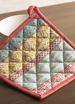 Maison d' Hermine Pot Holders Set 100% Cotton Heat Resistant Potholders 8" x 8" Hot Pads with Loop BBQ, Cooking, Baking, Grilling, Kitchen, Handling Hot Pans Spring/Summer (Pack of 2, Provence)