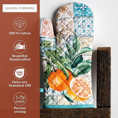 Maison d' Hermine Oven Gloves 100% Cotton Oven Mitt 7" x 13" with Loop Heat Resistant, BBQ, Cooking Gloves, Baking, Grilling, Kitchen, Handling Hot Pans Spring/Summer (Pack of 1, Agrume)